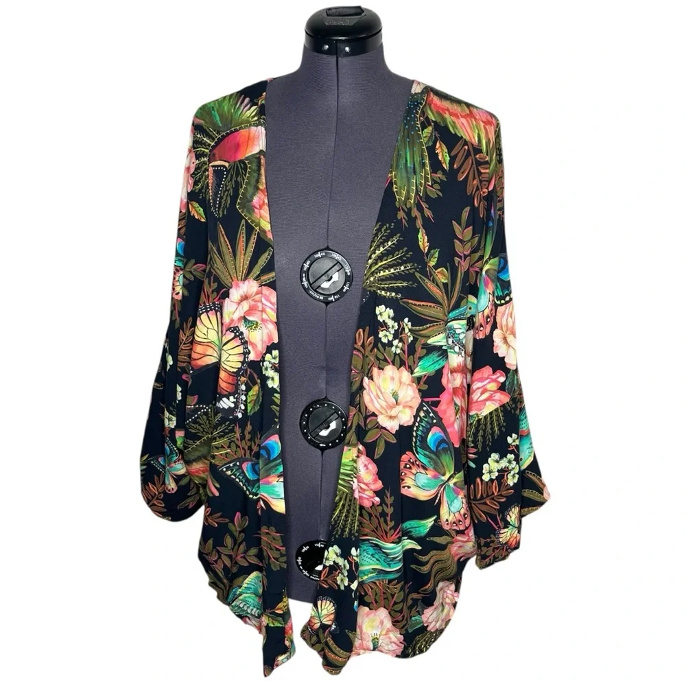 Farm Rio Floral Garden Reversible Open Front Kimono Animal Print Boho Topper - Picture 2 of 16